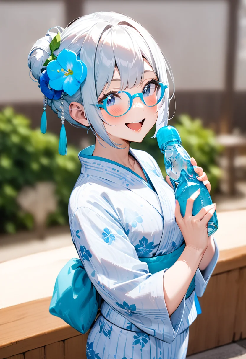masterpiece, best quality, very aesthetic, absurdres,
ramune, food, bottle, 1girl, solo, holding bottle, blurry background, depth of field, holding, glasses, happy, smile, yukata, uchiwa, hair bun, hair ornament, hair flower
<lora:ramune_SDXL_V1:1>