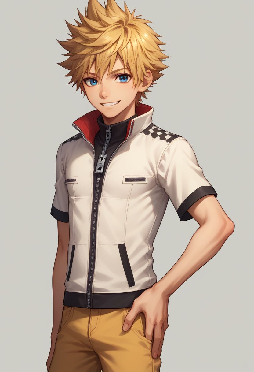score_9, score_8_up, source_anime, highly detailed, 1boy, solo, male_focus slender, skinny, cute, 
roxas, 1boy, zipper, solo, male focus, spiked hair, blue eyes, jewelry, smile, blonde hair, standing, pants, short sleeves, hand on hip, zipper pull tab,