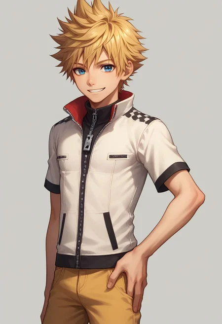 score_9, score_8_up, source_anime, highly detailed, 1boy, solo, male_focus slender, skinny, cute,
roxas, 1boy, zipper, solo, male focus, spiked hair, blue eyes, jewelry, smile, blonde hair, standing, pants, short sleeves, hand on hip, zipper pull tab,