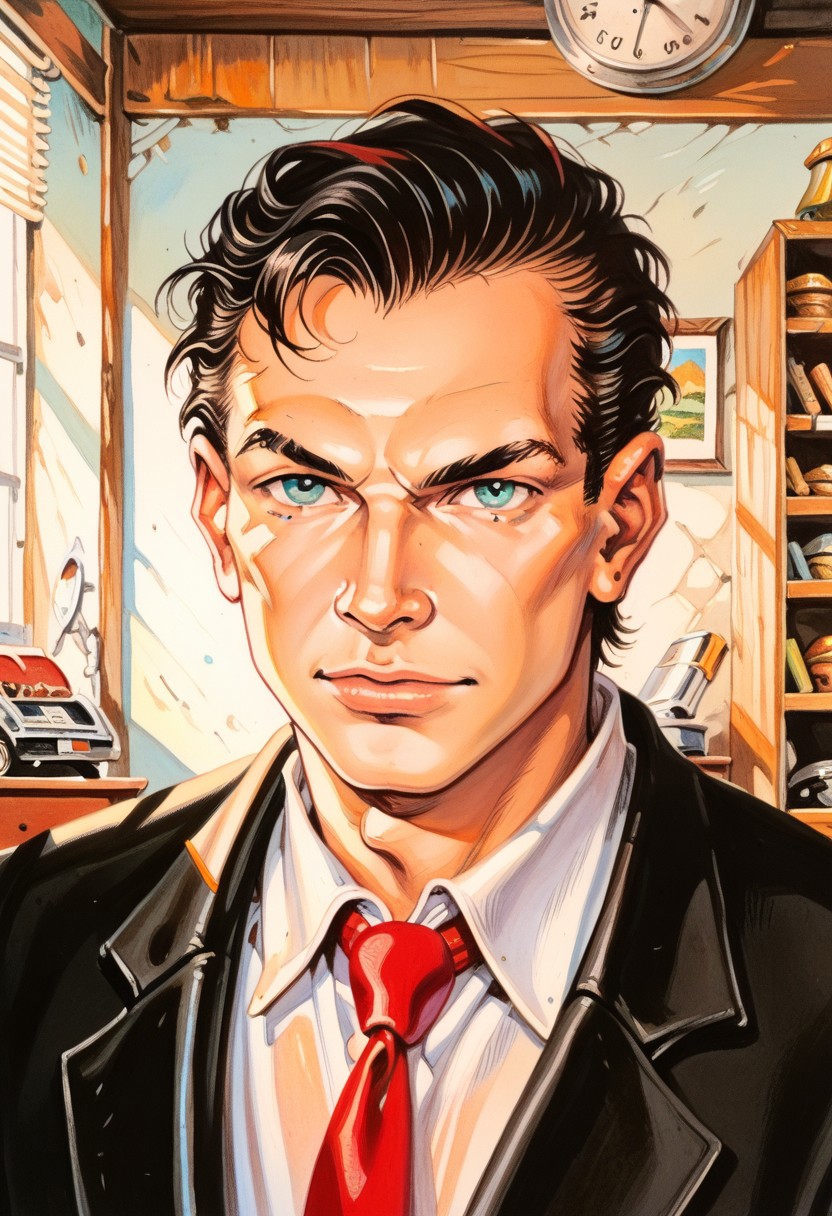 score_8, score_8_up, score_7_up,  traditional media, elmore_style, 1boy, male focus, solo, DE007, black hair, asymmetrical hair, aqua eyes, portrait, collared shirt, black jacket, red necktie, indoors, manly, warehouse, retro artstyle