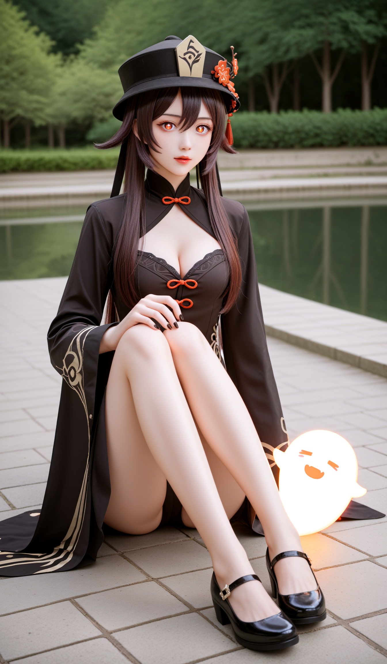 score_9, score_8_up, score_7_up,source_realistic,rating_explicit,(hu_tao_\(genshin_impact\), flower-shaped_pupils, long_sleeves, black_nails, boo_tao_\(genshin_impact\), black_headwear, hat_flower),
(((photo raw)), Underlighting and cinematic lighting Swirl Bokeh and Infrared Effect , ,),shine,glowing,sparkling,energy(dynamic angle,dynamic pose),full_body,W-sitting,Elegant,scared,dazzler, flowers,
underwear,panty,presenting,delicate and whimsical ambiance,pool,from front,messy long hair ,bangs, charming,alluring,seductive,erotic,enchanting,cleavage,exposed,
(cobalt violet),(stunning included (i3) garnet (also a mineral), old european cut, brilliant cut facets, 25.00 carat, chromatic,    radiant, acrylic, wear resistance, scratch resistance, enhancement method, prong setting, natural, one-of-a-kind, geometric, modern, nature and animals),( wonderland atrium,pine forest),