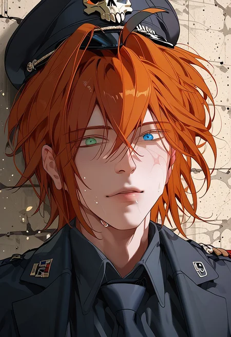 score_9, score_8_up, score_7_up, score_6_up, source_anime, 2d, 1boy, handsome boy, athletic body, manly boy, toned body, toned, male focus, solo, sweat, <lora:Chaos__Hero_Killer__Manhwa__webtoon:1>, Chaos, heterochromia, blue eye, green eye, auburn hair, medium hair, scars all over the body, closed lips, perface face, (perfect face, perfect eyes:1.2), looking at viewer, bishounen, toned male, solo, athletic build, large pectorals, abs, six pack, pecs, cute boy in his mid twenties, alleyway background, <lora:warden-ponyxl-lora-nochekaiser_r1:1>, skull hat ornament, uniform, military uniform, black uniform, hat, cap, black cap, armband, collared shirt, black necktie, hand behind back, straight posture, swastikas armband
