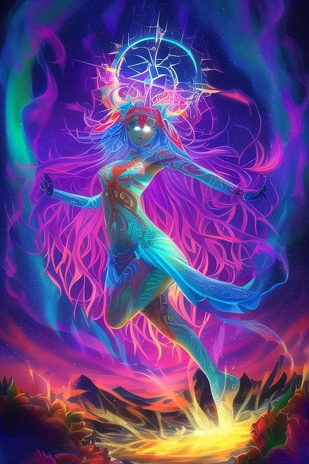 Ice-skinned girl dances in the snow, beats a tambourine. Arctic, The night sky with the aurora borealis (An image with very contrasting and vivid psychedelic colors) (OverallDetail, DaSa, psychedelic)