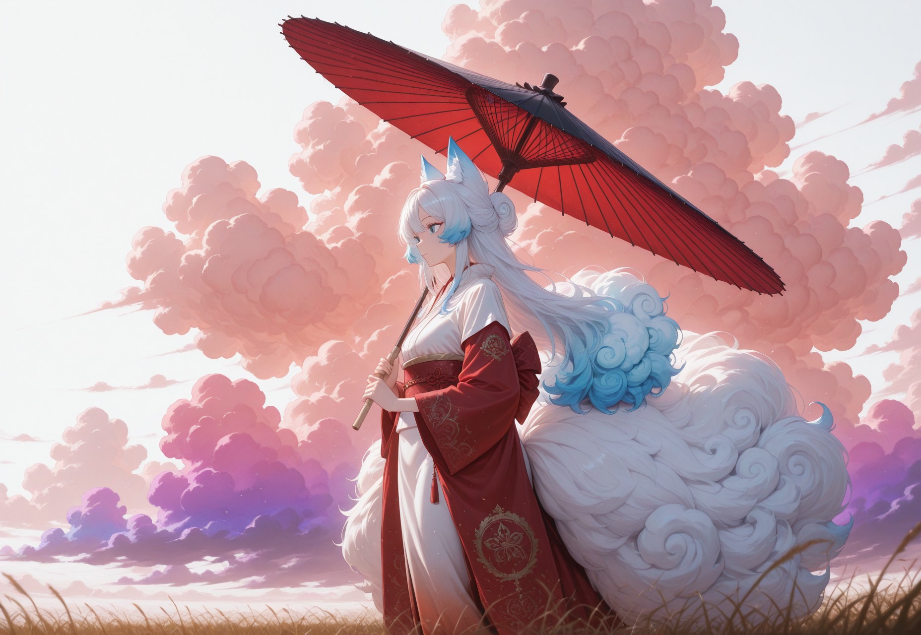 masterpiece, best quality, absurdres,anime style,detailed eyes,
1 female solo,((((Cloud hair)))),long hair,blue eyes,kitsune tails,white kimono,red sleeves,golden embroidery,
wide shot,from side,feet out of frame,low angle,
looking to the left,sun umbrella,washi umbrella,multicollored umbrella,red umbrella,black umbrella,walking along rye field,

white background, ((((huge fluffy Clouds)))),((((rainbow gradient cloud))))