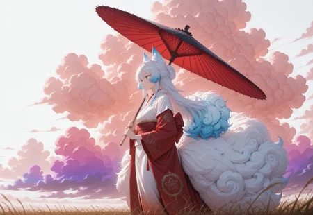 masterpiece, best quality, absurdres,anime style,detailed eyes,
1 female solo,((((Cloud hair)))),long hair,blue eyes,kitsune tails,white kimono,red sleeves,golden embroidery,
wide shot,from side,feet out of frame,low angle,
looking to the left,sun umbrella,washi umbrella,multicollored umbrella,red umbrella,black umbrella,walking along rye field,

white background, ((((huge fluffy Clouds)))),((((rainbow gradient cloud))))