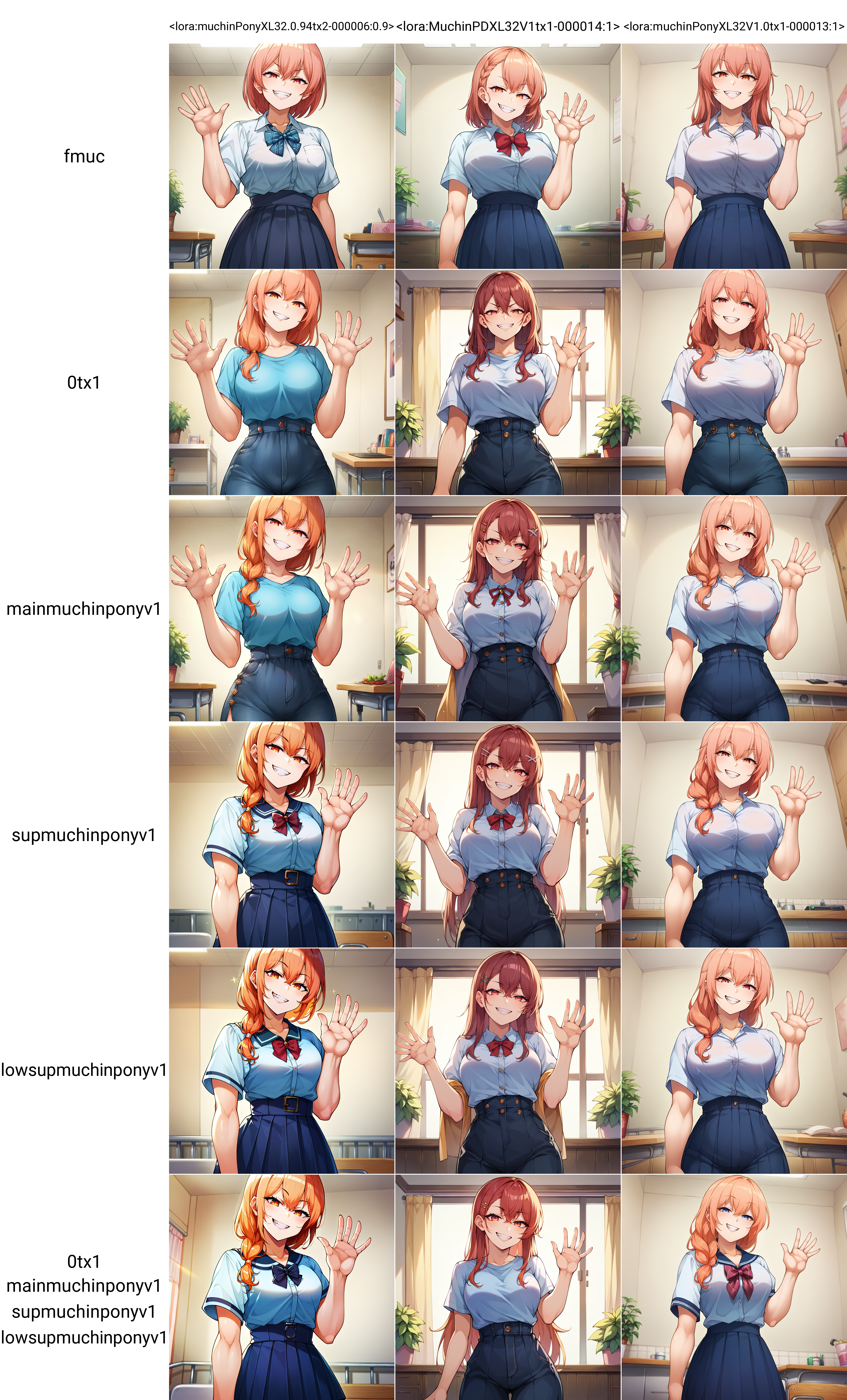 score_9, score_8_up, score_7_up, score_6_up, score_5_up, score_4_up BREAK source_anime, fmuc, 1girl, solo, waving, evil grin, evil, smug, indoors, portrait, looking at viewer, cowboy shot, rating_safe, <lora:muchinPonyXL32.0.94tx2-000006:0.9>