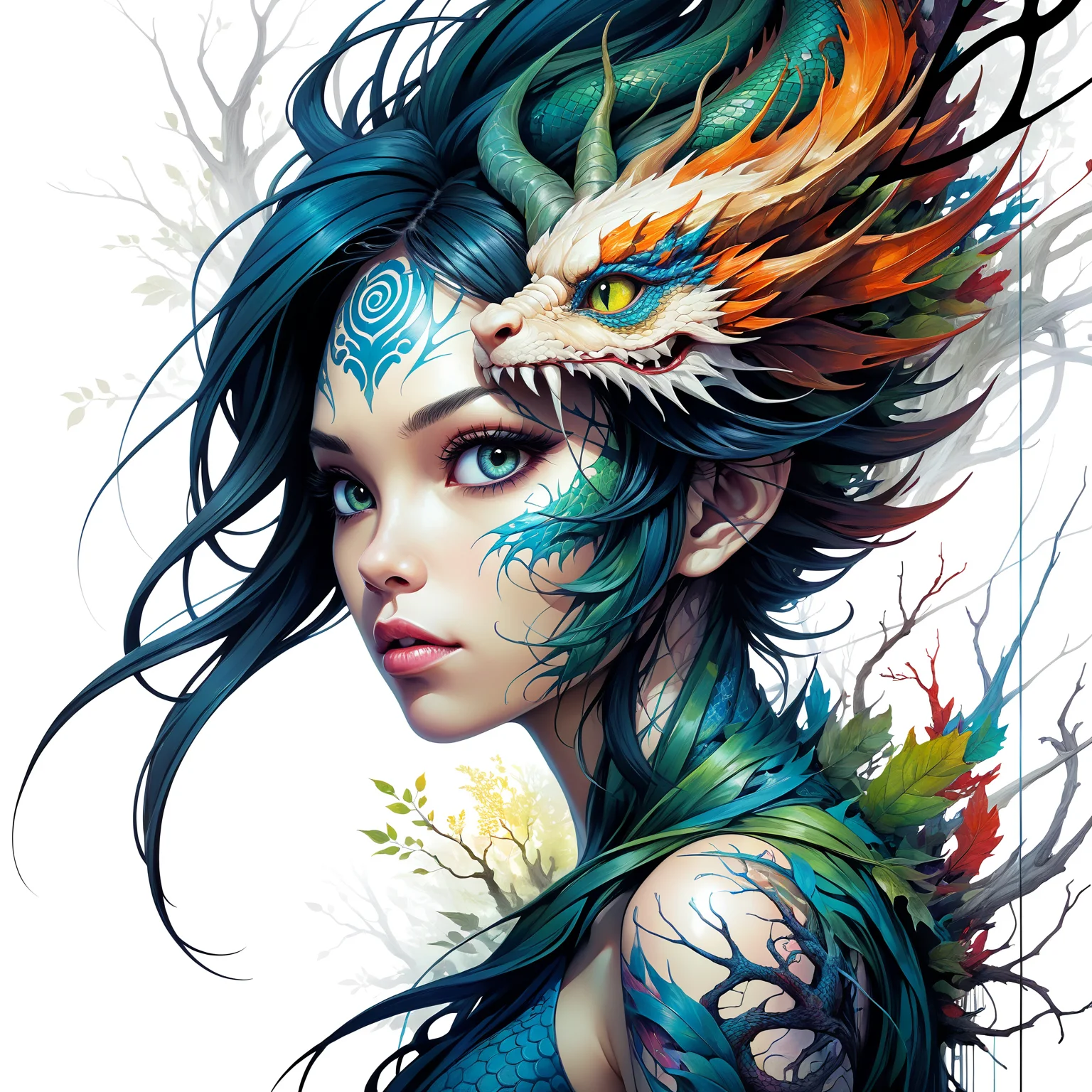 Abstract style [colorful dust particles:colorful majestic chinese dragon:10],mysterious silhouette forest elvf woman,by Minjae Lee,Carne Griffiths,Emily Kell,Geoffroy Thoorens,Aaron Horkey,Jordan Grimmer,Greg Rutkowski,amazing depth,masterwork,surreal,geometric patterns,intricately detailed,bokeh,perfect balanced,deep fine borders,artistic photorealism,smooth,<lora:add-detail-xl:2>, . Non-representational