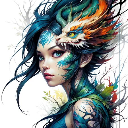 Abstract style [colorful dust particles:colorful majestic chinese dragon:10],mysterious silhouette forest elvf woman,by Minjae Lee,Carne Griffiths,Emily Kell,Geoffroy Thoorens,Aaron Horkey,Jordan Grimmer,Greg Rutkowski,amazing depth,masterwork,surreal,geometric patterns,intricately detailed,bokeh,perfect balanced,deep fine borders,artistic photorealism,smooth,<lora:add-detail-xl:2>, . Non-representational