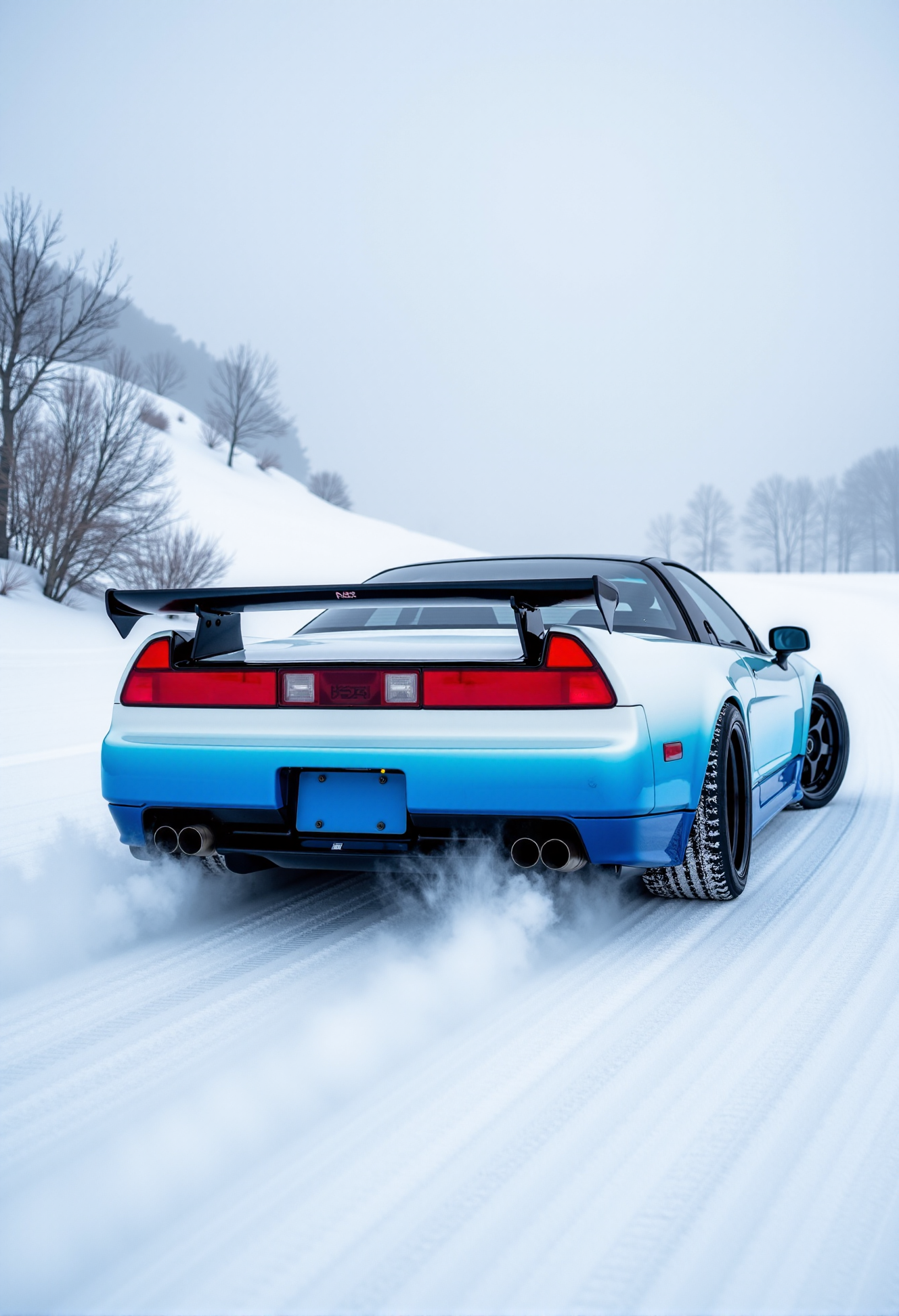 <lora:Honda_NSX:0.80>
(A from a rear-side view:1.3) of the Honda NSX NA1 from '96, a drift king sculpted with angular intensity, its body painted with a smooth gradient from Arctic White at the front to Frost Blue at the rear, the crisp white front sparkling under the pale light of a snowy mountain road while the blue rear blends into the frosty shadows. From this rear-side angle, the Honda NSX NA1 is caught mid-drift, its wide rear sliding through the snow, the rectangular taillights glowing red against the frosty backdrop, while the angular spoiler cuts through the air with razor-like precision, the gradient paint flowing seamlessly across the body, enhancing the sharp lines with a cool, icy transition. The Work Meister S1 wheels, 18-inch at the front and 19-inch at the rear, finished in matte black, kick up powdery snow beneath the chiseled fenders, their deep dish design amplifying the car’s aggressive stance, with visible snowflakes clinging to the tire treads. The carbon-fiber rear bumper, seamlessly integrated into the body, catches fleeting glints of the winter light, its glossy weave shimmering with every shift of the pale blue sky. This rear-side shot captures the Honda NSX NA1 in motion, its angular silhouette dominating the snowy landscape with dynamic intensity. The background blurs into a frosty haze of snow and sky, making the Arctic White to Frost Blue gradient the star, its cool-toned transition shimmering with every gust of wind. This isn’t just a Honda NSX NA1—it’s a winter warrior, captured in a moment of untamed drift.