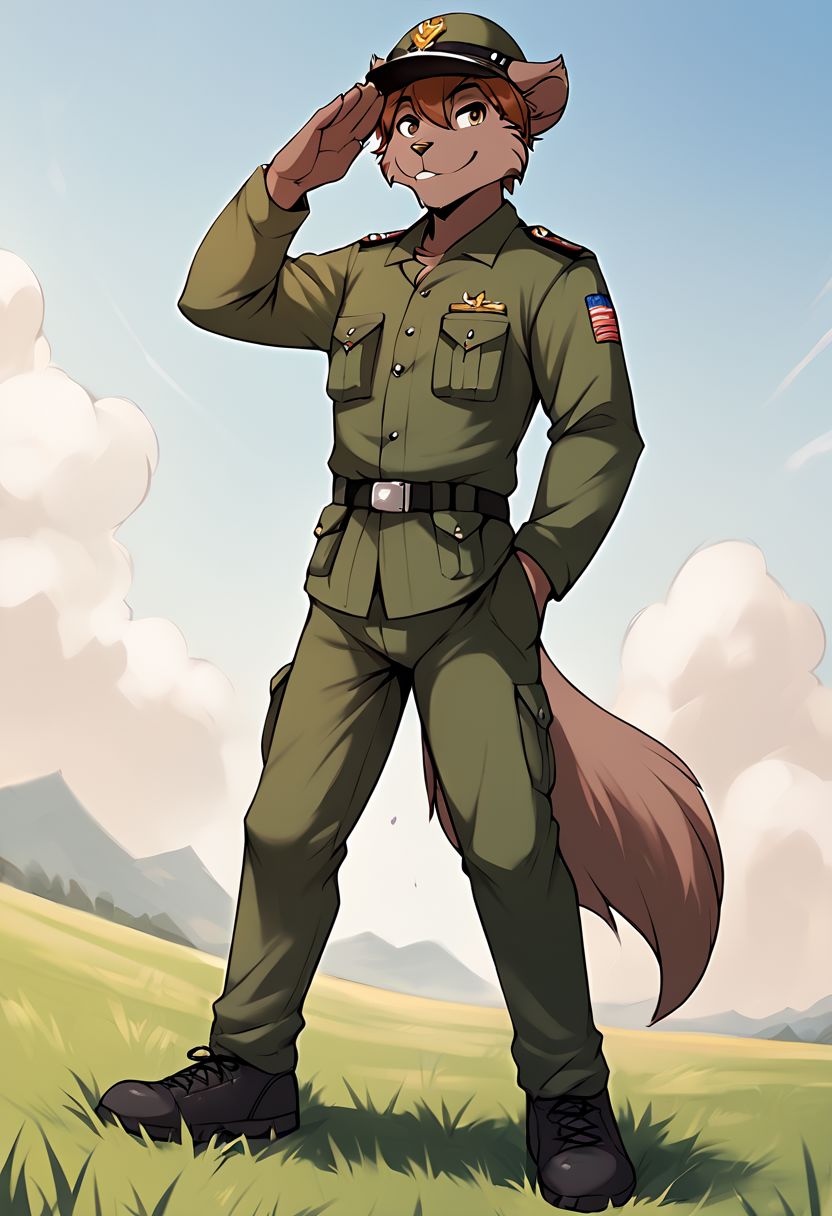 score_9, score_8_up, score_7_up, score_6_up, score_5_up, score_4_up, rating_explicit, source_furry, tknanie, brown fur, brown hair, mammal, brown eyes, anthro, 1boy, male, solo, solo focus, full body, standing on two legs, short hair, fluffy tail, army battle uniform, army battle helmet, in the field, The salute gesture, A brave expression on his face, field, detailed backgroud, black and white picture