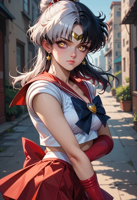 score_9, score_8_up, score_7_up,
ShioriNovella, split-color hair, white hair, black hair, yellow eyes,
sailor senshi uniform, red skirt