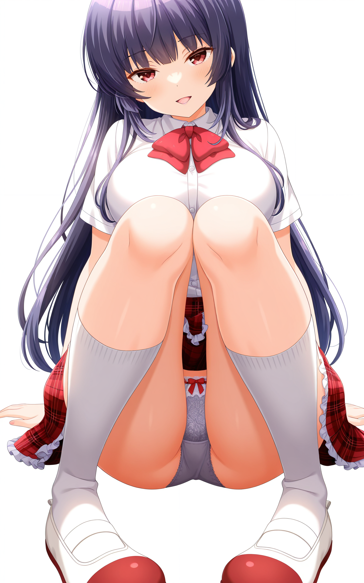 masterpiece,best quality,good quality,newest,4k,perfect lighting,cinematic,very aesthetic,official art,anime screencap,anime coloring,detailed fingers,(((white background,simple background))),
1girl,solo,kagurazaka saya,purple hair,long hair,red eyes,large breasts,
white shirt,collared shirt,short sleeves,red bow,red skirt,plaid skirt,frilled skirt,intricate embroidered panties,thighs,white socks,red uwabaki,
seductive smile,looking at viewer,open mouth,tongue,sitting,arms at sides,knees up,knees together feet apart,facing viewer,(crotch focus),BREAK
<lora:ILsaya:1>
