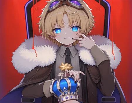 score_9,score_8_up,score_7_up,score_6_up,source_anime,masterpiece,best quality,high-detailed,Ray Tracing BREAK <lora:KING:0.8>,kingstyle,1boy,male focus,crown,solo,looking at viewer,black nails,sitting,necktie,fur trim,nail polish,shirt,collared shirt,long sleeves,smile,holding,coat,chair,upper body,<lora:StS_age_slider_v1_initial_release:-4>,voyager_ta,blonde hair,blue eyes,brown jacket,male focus,1boy,solo,scarf,baggy clothes,star (symbol),goggles,yellow scarf,bright pupils,goggles on head,bangs,short hair,jacket,parted bangs,<lora:Voyager_ãã¤ã¸ã£ã¼_-_FateGrand_Order_-_Pony:0.8>,