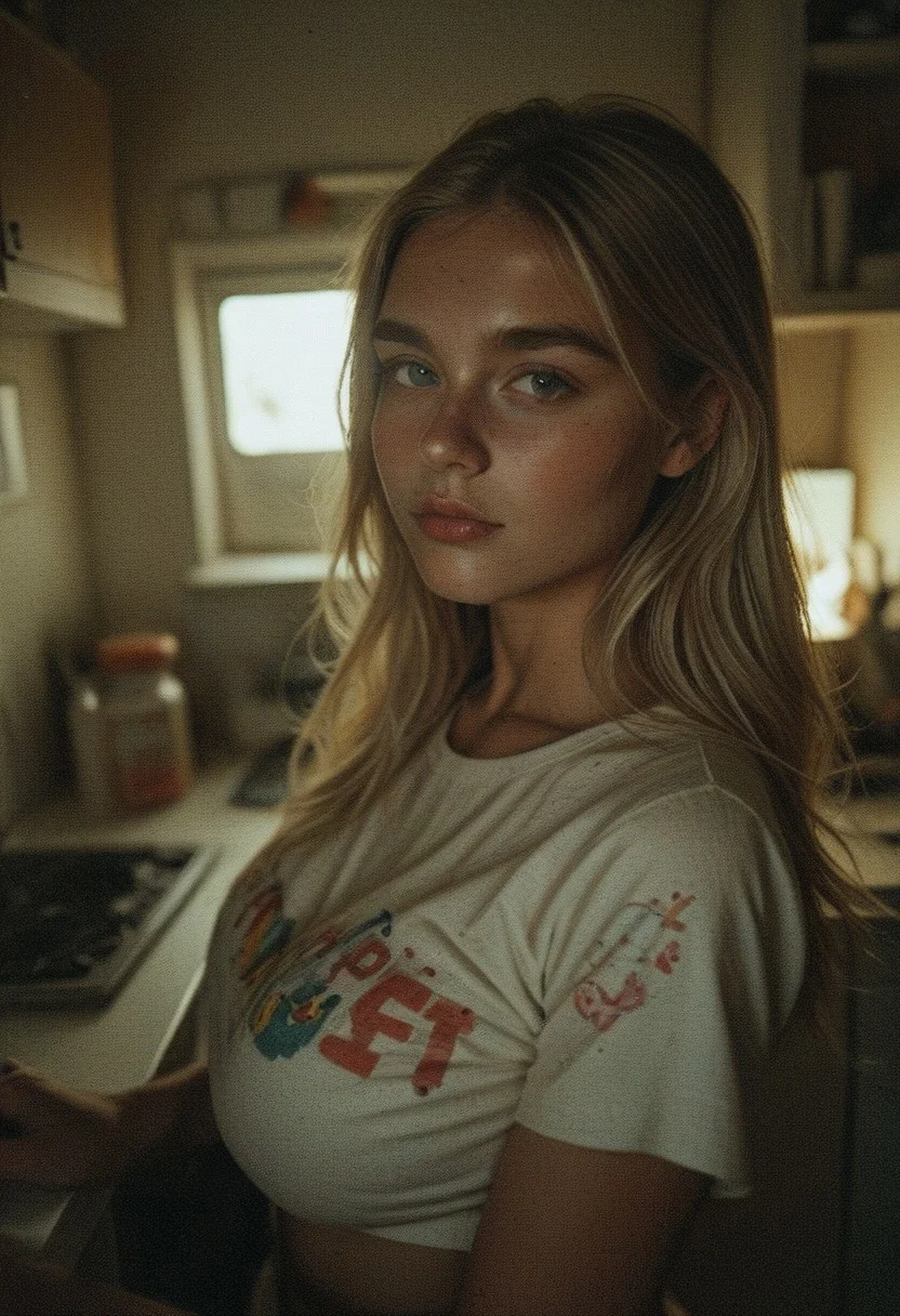 score_9, score_8_up, score_7_up, 1girl, long platinum blonde hair, Swedish girl, straight hair and blue eyes, large perfect breast, thin waist, perfect body, casual print shirt,(side view, from side:1.2), looking at viewer, modern kitchen(ambient occlusion), (cinematic lighting:1.3), (4K image quality:1.2), (sharp detail:1.1), (highly realistic:1.3), (dim warm cinematic lighting:1.3)