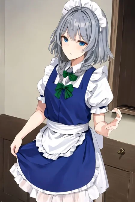 Sakuya, maid headdress, izayoi sakuya, braid, twin braids, grey hair, short hair, sakuya, solo, looking at viewer, bow, blue eyes, hair bow, green bow, bangs, maid, puffy sleeves, short sleeves, apron, dress, blue dress