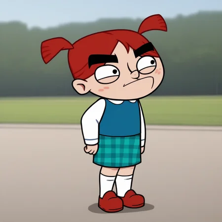 score_7_up, BREAK,Gina ,1girl, solo, red hair, twintails, black eyes, thick eyebrows, shirt, white sleeves, blue vest, long sleeves, plaid skirt, white socks, red footwear,    <lora:Gina_FAI_PXL_Leaf1:1>, outdoors, blurry background,