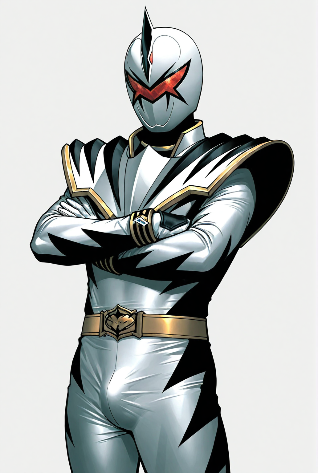 score_9,score_8_up,score_7_up,best quality,ultra-detailed,high resolution,digital painting,8k,1boy,solo,cowboy shot,male focus,detailed face,white bodysuit,helmet,belt,bodysuit,armor,tokusatsu,gloves,mask,d1n0 white,standing,crossed arms,bulge, looking at viewer,simple background,(white background:1.1),<lora:add-detail-xl:1>,<lora:LYDart StyleIlluLYCO:0.2>,ydart,<lora:Dino Ranger White:0.7>,