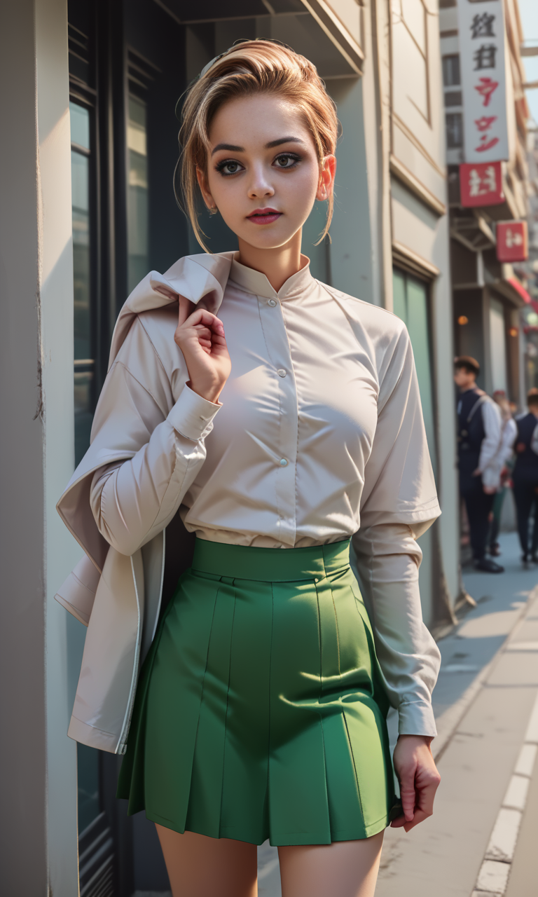 score_9, score_8_up, score_7_up, score_6_up, score_5_up, score_4_up,   slim girl in city ,  jakosho,    white jacket over shoulder,  short green skirt and white blouse,   <lora:JacketOverShoulderPony:1>