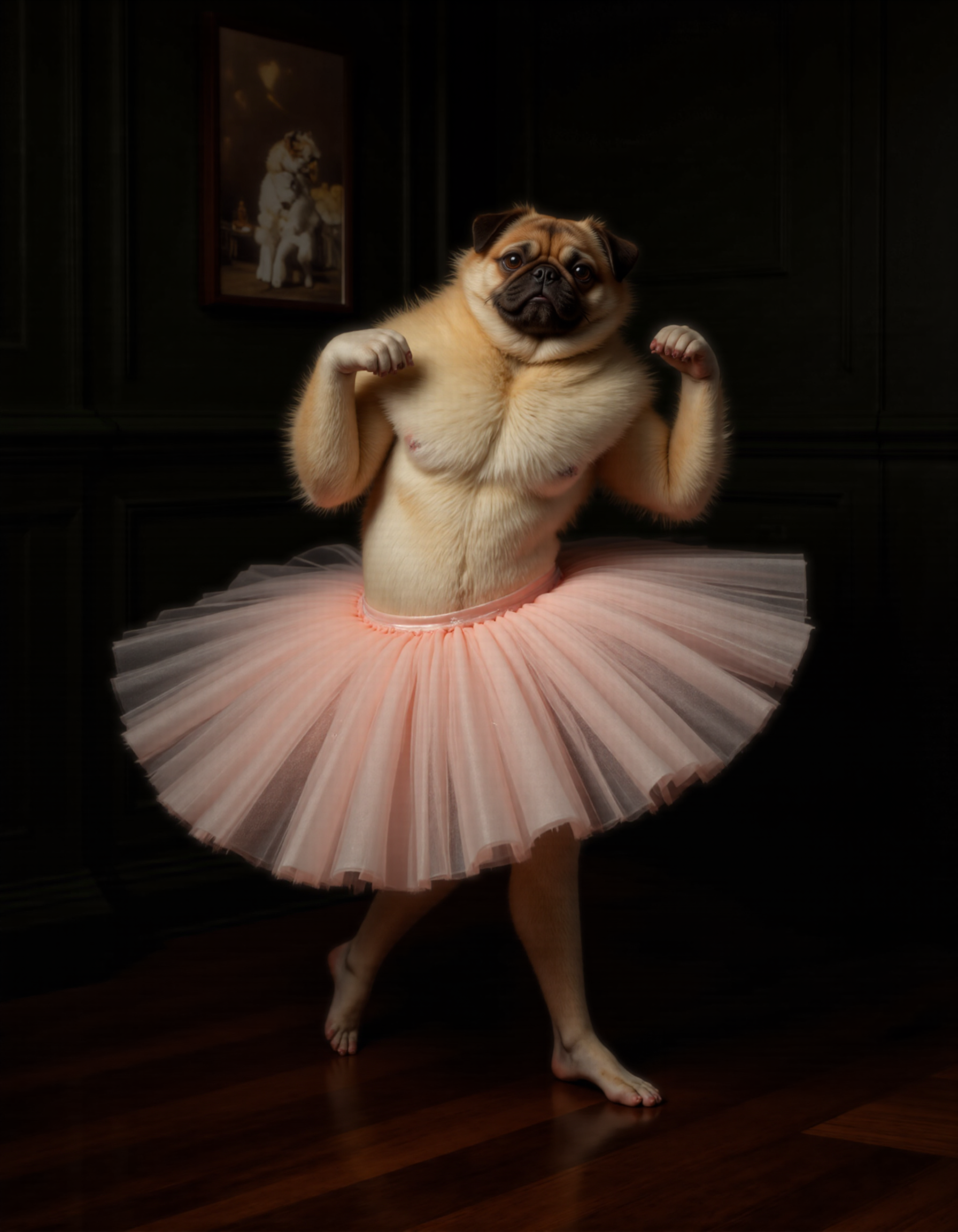 Rembrandt style full body shot of <lora:antr:1>, This is a high-resolution, CGI-rendered photograph of a fluffy, tan and white pug dog dressed in a ballet tutu. The dog is depicted mid-ballet pose, with one paw raised elegantly in the air, and the other firmly planted on the floor. The tutu is a soft, pastel pink, adding a whimsical and playful element to the image. The dog's fur is meticulously detailed, showcasing its fluffy texture and the intricate patterns of its fur, including the distinctive markings on its face., The background features a dark green wall with elegant wainscoting, adding a classic and sophisticated atmosphere to the scene. On the wall to the left, there is a framed photograph of another dog, which adds to the whimsical and humorous theme of the image. The floor is made of polished, dark wooden planks, which contrast with the light colors of the dog and tutu. The overall composition and lighting create a warm and inviting environment, emphasizing the playful and humorous nature of the scene. The image captures the essence of a dog's natural grace and charm, combined with a whimsical, human-like pose and attire, making it a humorous and endearing portrayal.. Whole outfit, clear, sharp, balanced . Baroque, chiaroscuro, realistic, emotional, "flat lighting