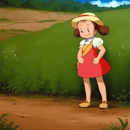 score_9, solo, Mei_Kusakabe, brown hair, twintails, dress, hat, outdoors