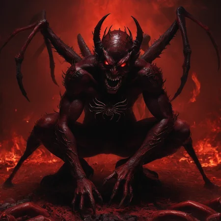 Horror-themed, <lora:Demon Girl:0.6>
a red devil with creepy teeth and spider hands and legs staring at camera in hell demon style, Eerie, unsettling, dark, spooky, suspenseful, grim, highly detailed