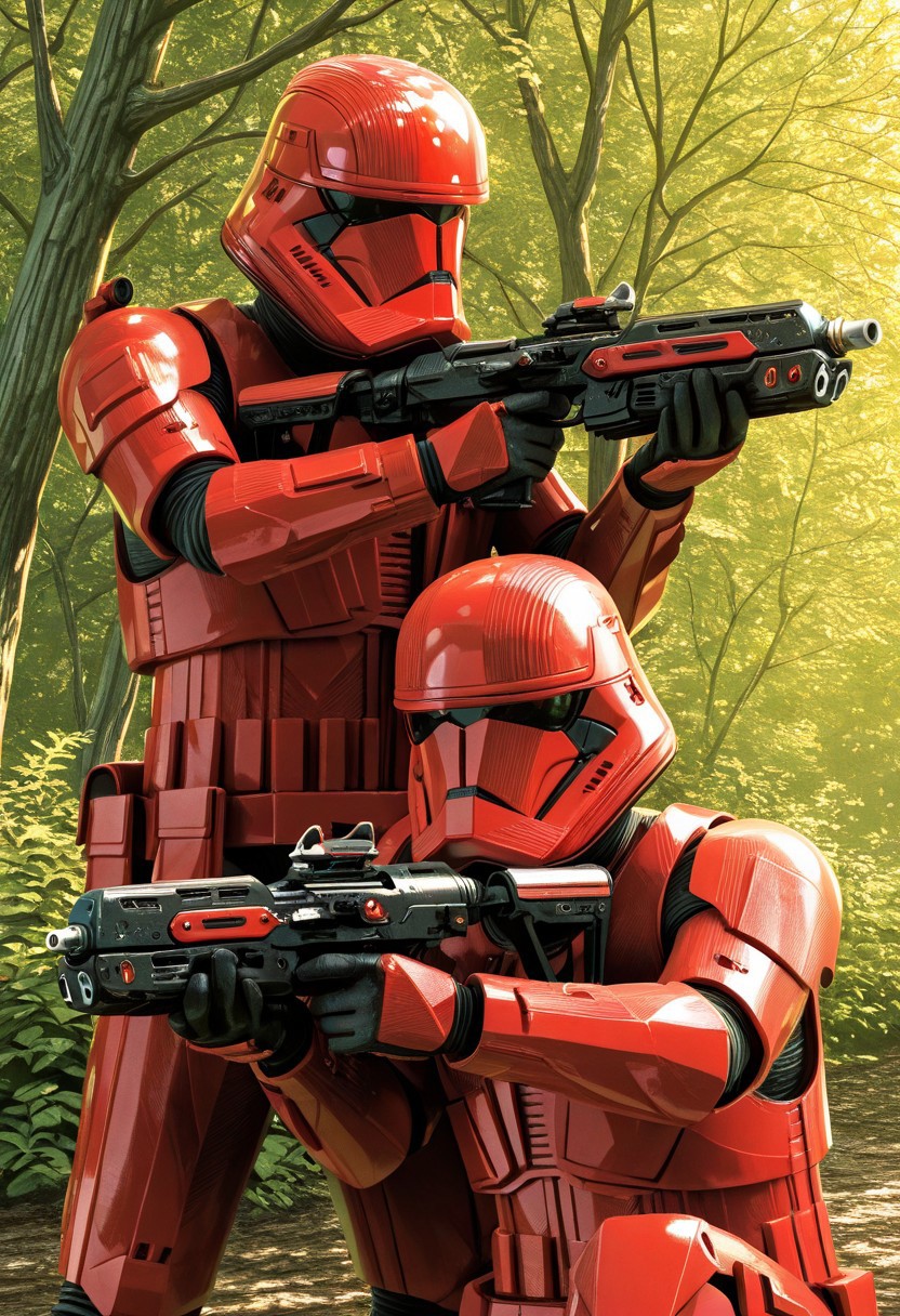 detailed background, cowboy shot, duo, 2boys, SithTrooper, red armor, red helmet, black visor, holding st-w48 blaster riffle in hands, on knees, aiming weapon, blaster firing, BREAK SithTrooper, standing, holding st-w48 blaster riffle in hands, Star Wars forest scenery,  detailed scenery, masterpiece, best quality, very aesthetic, newest, masterpiece, best quality, amazing quality, very aesthetic, absurdres, newest,, high res, ultra detailed, best quality, best artwork, 4k, ultra quality, perfect face, absurdres,masterpiece,best quality,amazing