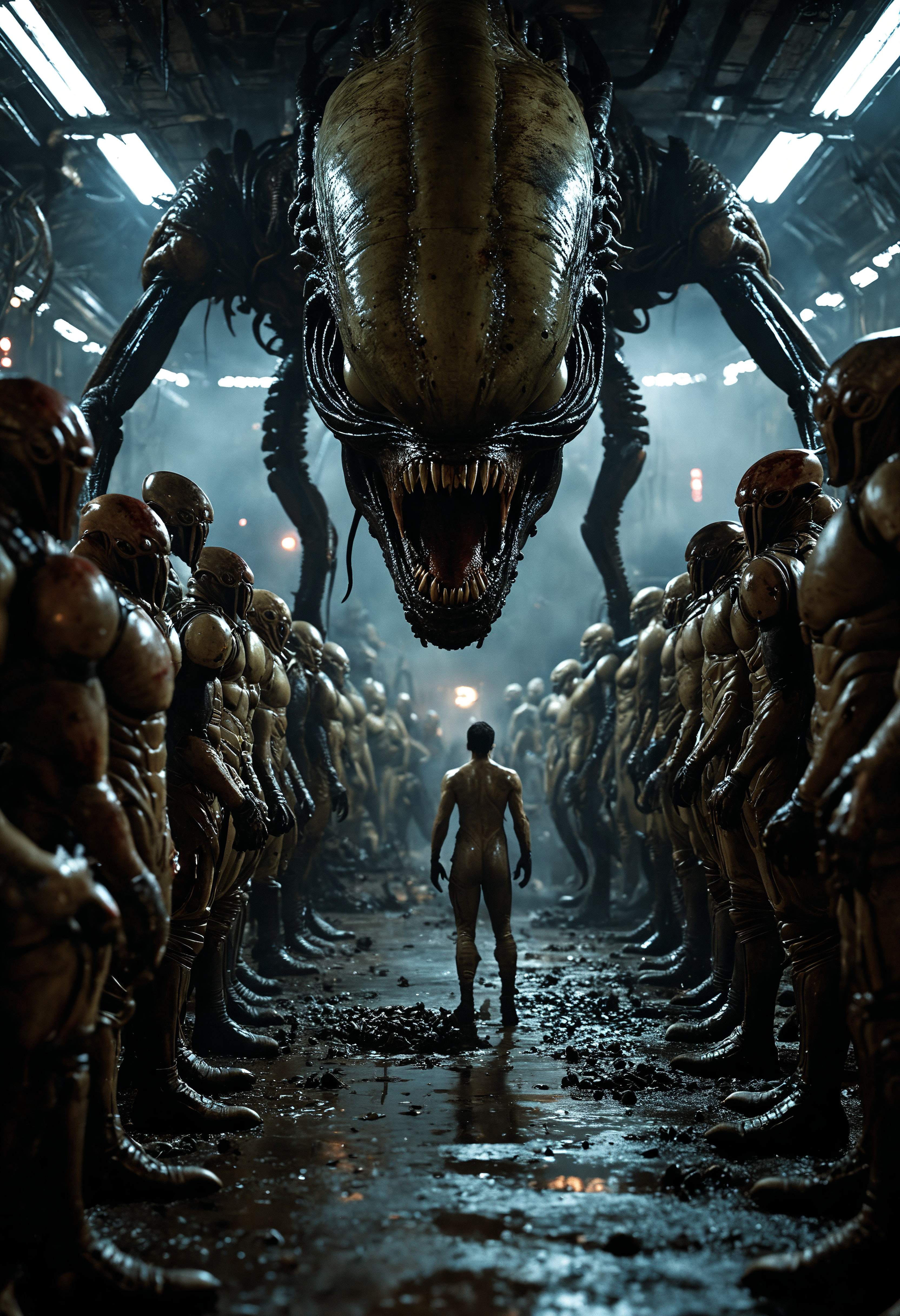 cinematic film still In a sprawling alien arena, human slaves are forced to fight for their lives against monstrous alien creatures for the sadistic amusement of their captors. The arena, bathed in the harsh, unnatural light of alien technology, is surrounded by tiers of alien spectators whose grotesque faces twist in cruel delight. The humans, driven by fear and desperation, face off against towering, nightmarish beasts with no hope of escape. Blood and sweat mingle on the ground, and the air is filled with the screams of the defeated and the roars of the alien crowd. The image tells a chilling story of exploitation and suffering, where the humans' anguish is a spectacle for the alien overlords' entertainment<lora:add-detail-xl:1> <lora:MJ52:0.5> . shallow depth of field, vignette, highly detailed, high budget, bokeh, cinemascope, moody, epic, gorgeous, film grain, grainy