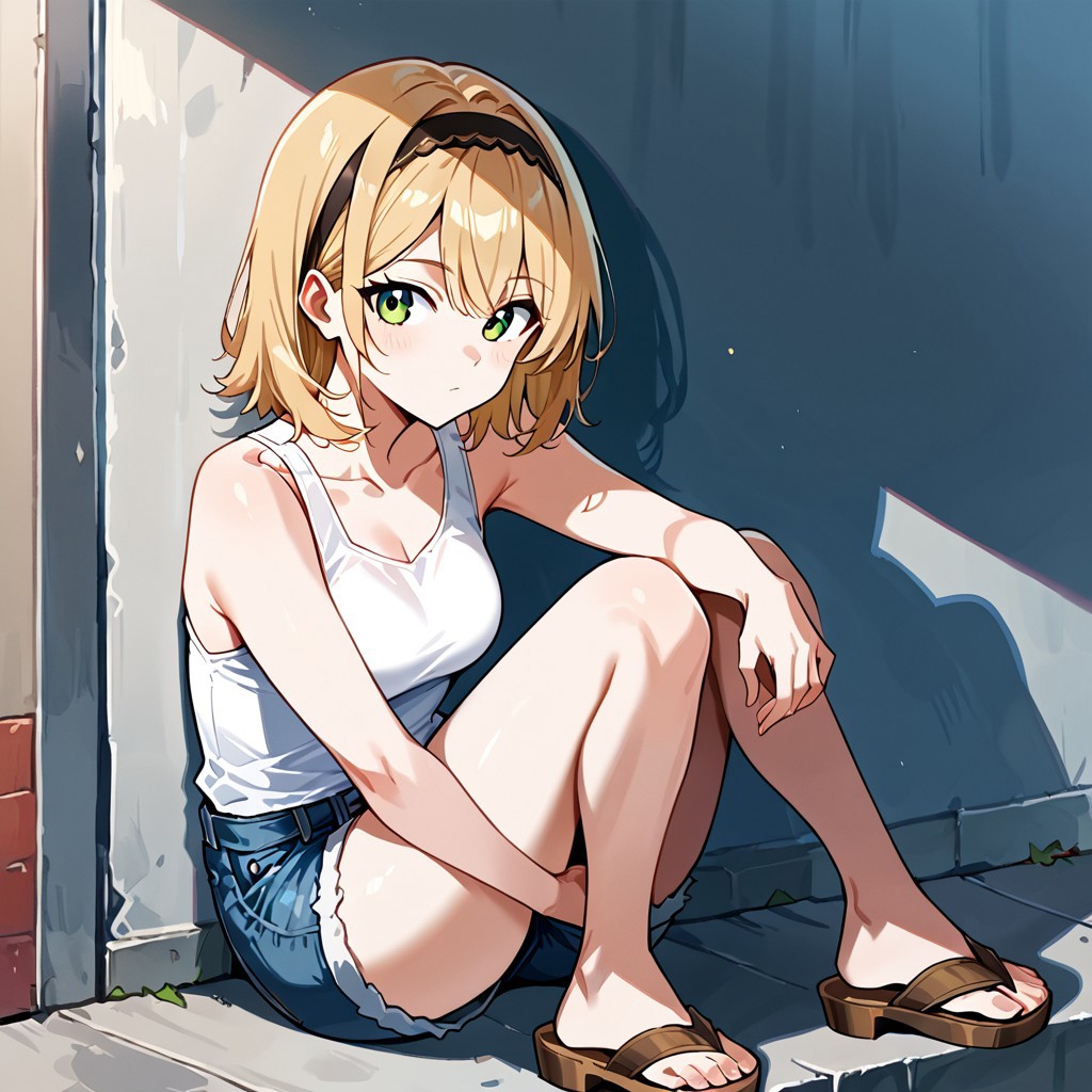 score_9, score_8_up, score_7_up, c4ss14, green eyes, blonde hair, hairband, white tanktop, denim shorts, sandals,