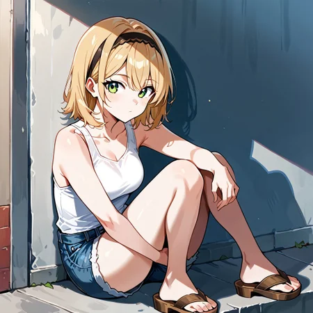 score_9, score_8_up, score_7_up, c4ss14, green eyes, blonde hair, hairband, white tanktop, denim shorts, sandals,