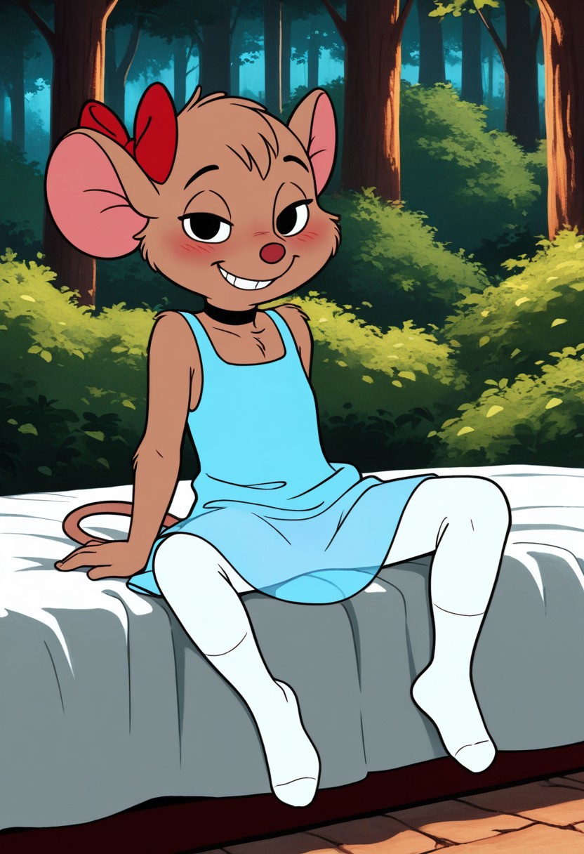 masterpiece, best quality, absurdes, 1girl, solo,
(source furry), full body,
<lora:Olivia Flaversham (The Great Mouse Detective) (Illust):0.8>
Olivia_F, furry female, body fur, brown fur, animal nose, mouse ears, animal ears, hair ribbon, short hair, tail, smile,
choker, grin, teeth,
white leggings, sitting on bed, knees spread, sundress, (transparent clothes),
seductive pose, (no shoes, shoeless),
outdoors, (detailed background), forest, trees,
looking at viewer, coy smile, flirtatious look,
sultry expression, blush,
 <lora:Detailer_NoobAI_Incrs_v1:0.4> detailed,