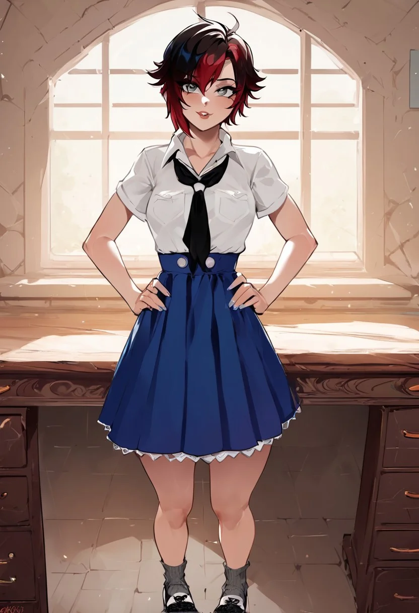 RubyRose, 1girl, solo, black hair, red hair, two tone hair, silver eyes, white short sleeve blouse with two pockets, folded shirt collar, tucked in shirt, black neckerchief, blue skirt, black lace shoes, gray wool socks, slender body, small breasts, standing, Nyantcha style, neolight, inside, looking at viewer, hands on hips, oak walls, standing in from of desk, light coming through window, zPDXL, zPDXLxxx, score_9, score_8_up, score_7_up, score_6_up, score_5_up, score_4_up,
BREAK <lora:pony Slider skirt length by Topplok2:-1.8>