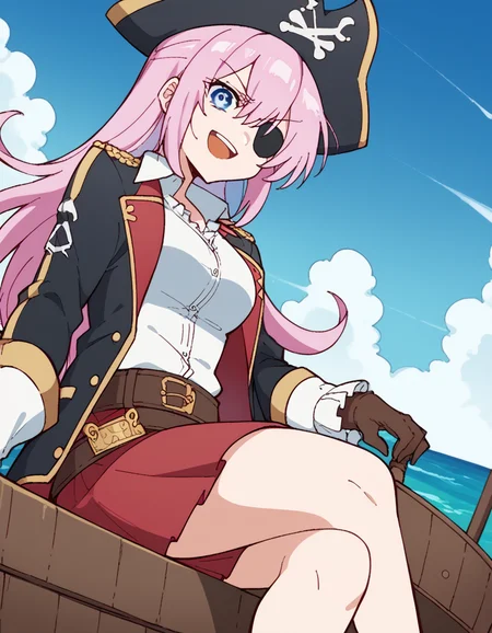 score_9, score_8_up, score_7_up, source_anime, <lora:miyako-shikimori-s1-ponyxl-lora-nochekaiser:1>, miyako shikimori, long hair, blue eyes, hair between eyes, pink hair, medium breasts,, <lora:pirate-costume-ponyxl-lora-nochekaiser:1>, pirate costume, pirate hat, skirt, gloves, jacket, shirt, eyepatch,, blue sky, sea, ocean, pirate ship, treasure, gold, smug, open mouth, from below, sitting,, , dutch angle, cowboy shot