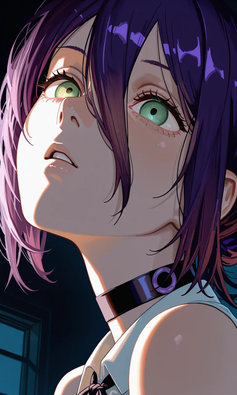 embedding:IllusP0s, sa1t, painterly, (close-up:1.3), eye focus, reze_\(chainsaw_man\), purple hair, green eyes, choker, sleeveless, white shirt, black ribbon, contrast lighting, parted lips, dark room, low angle, head tilt, night,<lora:sait.safetensors:1.3:1.3>