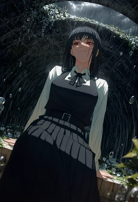 void 0, realistic, very awa, masterpiece, highres, absurdres, newest, year 2024, year 2023, blurry foreground, 1girl, solo, yoru \(chainsaw man\), sideways glance, staring, thick eyelashes, long eyelashes, red eyes, head tilt, leaning back, arm support, outstretched leg, flowers, wide shot, detailed background, scenery, dutch angle, perspective, rain, puddles, water drop, grey sky, grey clouds, dappled light, under bridge, <lora:96_chadmix_vpred10_1a.safetensors:1.0>,
