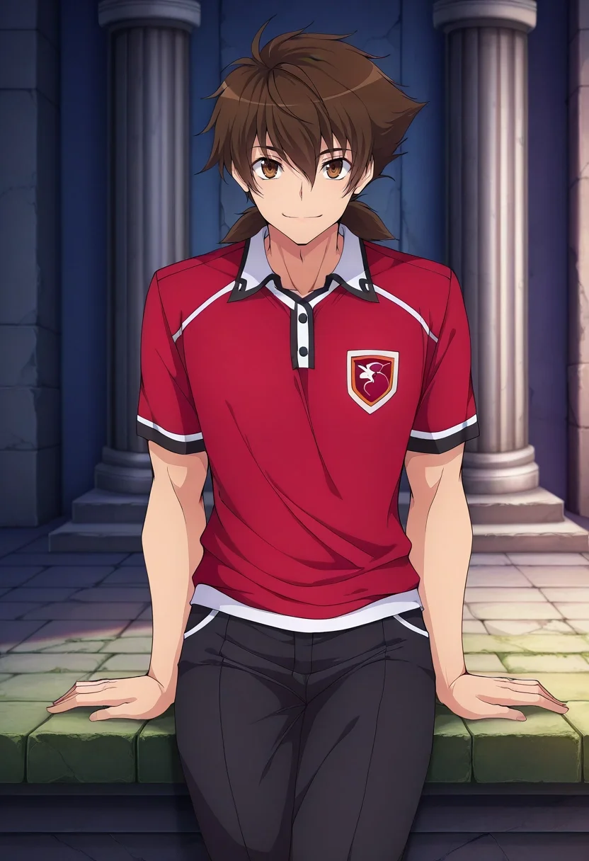 masterpiece, best quality, , anime screencap, anime coloring, official style, , 1boy, solo, male focus, <lora:issei_hyoudou_ilxl:0.96>, issei_hyoudou, brown hair, brown eyes, hair between eyes, short hair, dxd hero, focused, ancient ruins, indoors, arm support, seductive smile, Harlequin Turquoise Jacquard Convertible pants, Champagne Nylon Rugby shirt, , Gatsby cap,