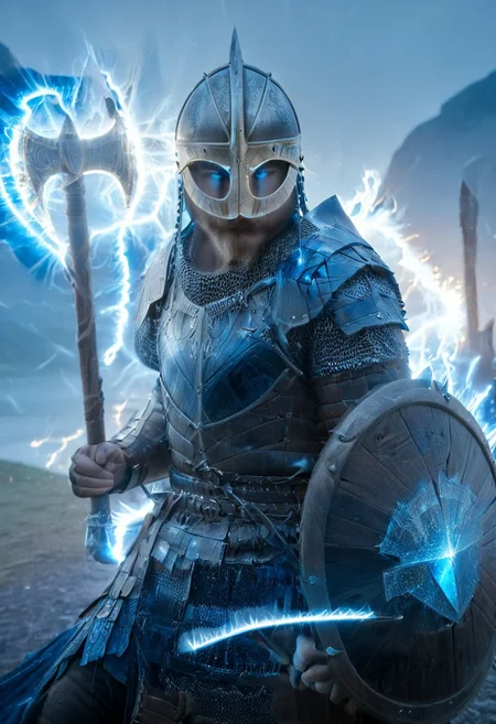 1man, armored Viking warrior in lamellar armor, wearing Viking helmet and lamellar armor, broken glass, reflection, glowing blue lightning, axe and shield, Viking sword, blue flames, shatter, holding sword, glowing sword, motion blur, emphasis line, outdoor in the darkness, looking at viewer,