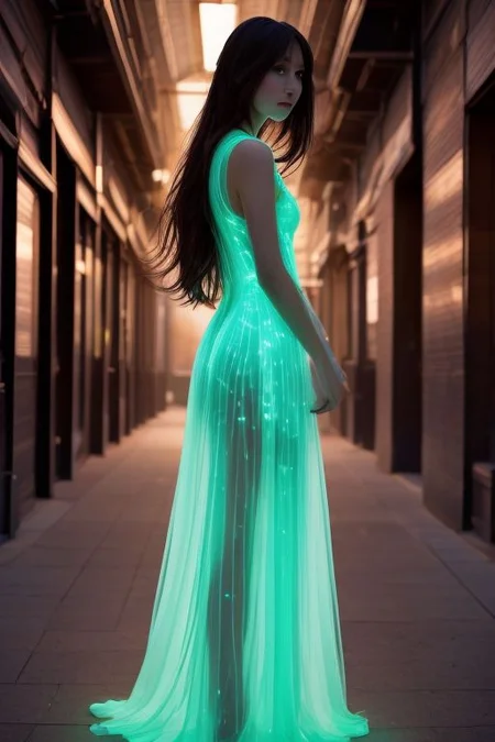 analog photo of a waifu, slim body, heavy breast, dark blue hairs, messy hairs, very long hairs, tight dress, see through dress, tan line, green eyes, black make up around the eyes, heavy  breast, full body, long legs, fit legs, pantyhose, perfect feet, STAND IN THE WILD, view from the ground, black boots, glowing fractal tattoos, red tattoos, side view, focus on ass, Swaying position