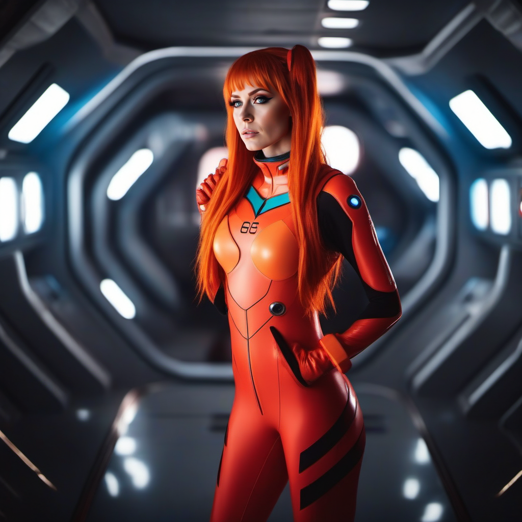 cinematic photo a full body woman, red plugsuit, blue eyes, orange hair, in a spaceship  <lora:Asuka1024:0.8> . 35mm photograph, film, bokeh, professional, 4k, highly detailed