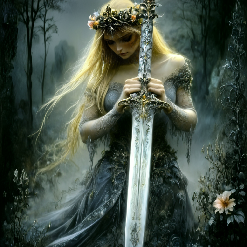 <lora:Ethereal_Gothic_EleganceSDXL:1> Ethereal Gothic Elegance, The image is a digital art piece that appears to be a fantasy or mystical scene. It features a woman with long blonde hair wearing a crown of flowers on her head holding a large sword with intricate designs on it. The sword is in the center of the image with the woman's face partially obscured by the sword. The background is dark and foggy with trees and rocks visible in the distance. The woman's expression is one of strength and power as if she is ready for battle. The overall mood of the piece is mystical and powerful., 1girl, weapon, sword, solo, long hair, closed eyes, blonde hair, flower, dress, tree
