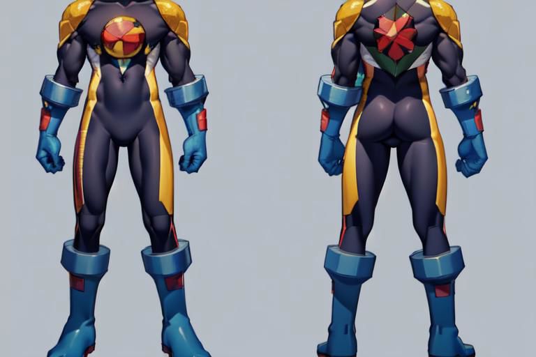 (masterpiece, official art, simple background, full body, standing, chara-sheet), best quality, megaman, (dark blue boots), (red headwear, dark blue helmet), (indigo bodysuit with yellow stripes), covered collarbone, yellow pauldron, (dark blue gloves), (green eyes), (red circular chest piece), muscular, large pectorals, thick thighs
