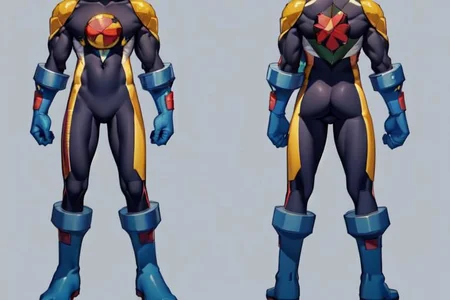 (masterpiece, official art, simple background, full body, standing, chara-sheet), best quality, megaman, (dark blue boots), (red headwear, dark blue helmet), (indigo bodysuit with yellow stripes), covered collarbone, yellow pauldron, (dark blue gloves), (green eyes), (red circular chest piece), muscular, large pectorals, thick thighs