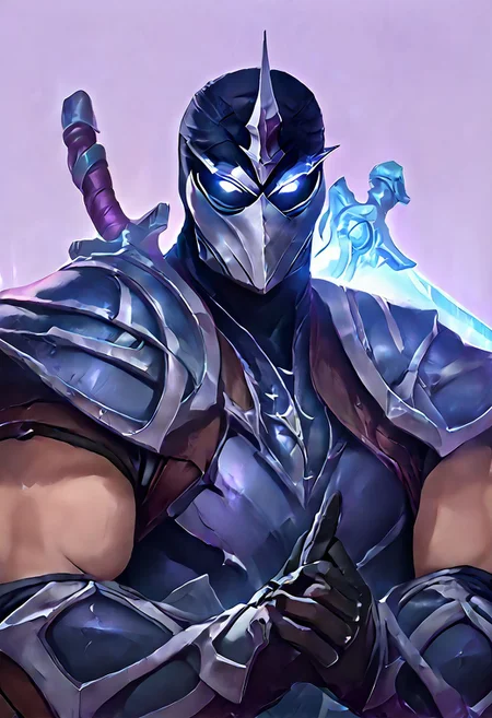 score_9, score_8_up, score_7_up, score_6_up, score_5_up, score_4_up, source_anime, Shen, solo, looking at viewer, blue eyes, simple background, gloves, 1boy, holding, upper body, weapon, male focus, horns, black gloves, sword, holding weapon, armor, bodysuit, mask, glowing, holding sword, helmet, shoulder armor, gauntlets, glowing eyes, single horn, purple background, breastplate, black bodysuit, white eyes, knight, full armor, black armor, tokusatsu, broad shoulders, muscular, huge pecs, huge traps, shocked expression
