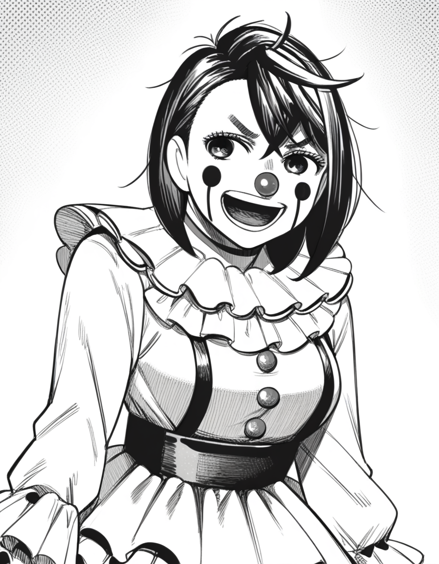 score_9, score_8_up, score_7_up, source_anime, <lora:momo-ayase-manga-ponyxl-lora-nochekaiser:1>, momo ayase, short hair, bangs, thick eyebrows, monochrome, greyscale, medium breasts,, <lora:clown-ponyxl-lora-nochekaiser:1>, clown, makeup, clown nose, facepaint, gloves, long sleeves, frills, dress,, smile, open mouth, smug, , dutch angle, cowboy shot