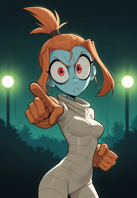 cartoony, masterpiece, best quality, detailed background, 8k, 1girl, solo, Mel, blue skin, colored skin, red eyes, big eyes, orange hair, ponytail, topknot, white bodysuit, bandages, orange gloves, pointing at viewer, angry, breasts, dark background, outdoors, night, dim lights, green lighting, half body, staring at viewer, exaggerated pose
