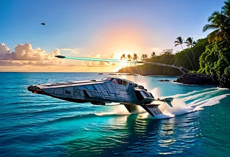 photograph, angled (Star Wars:1.3) (WipEout anti-gravity craft), (split-front:1.3), flare, landing in the waters of a lagoon, tropical island, blue sky, sunset, sharp, high detailed, realistic, sleek, scifi, futuristic, science fiction, sharp focus, masterpiece, best quality
