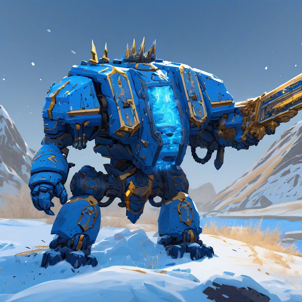 a four meter tall blue with gold trim non-binary themed drdnght machine with heavy gun and rocket pod walks through icy tundra searching for enemies who hide behind frozen trees and boulders waiting in ambush, fire and flames spit from its flamethrower,