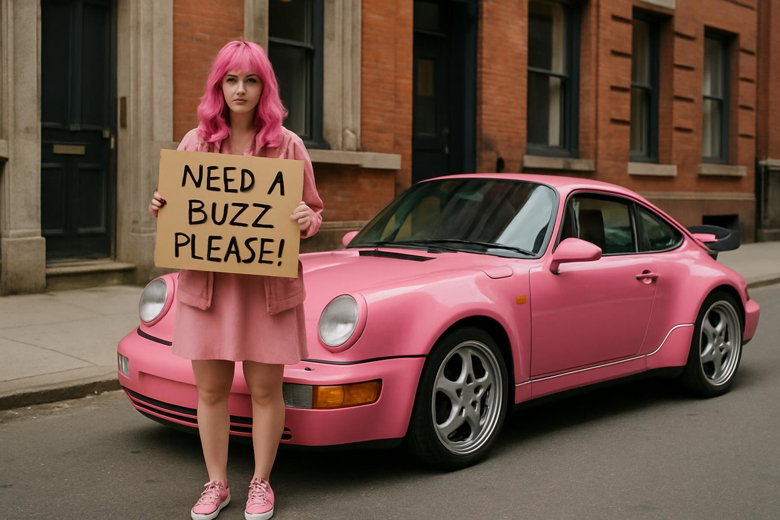pink haired woman wearing pink jacket, pink dress, pink sneakers, holding sign saying "need a buzz please!", on fhe town street with pink 1992 Porsche 911 3.6 Turbo parked beside her.