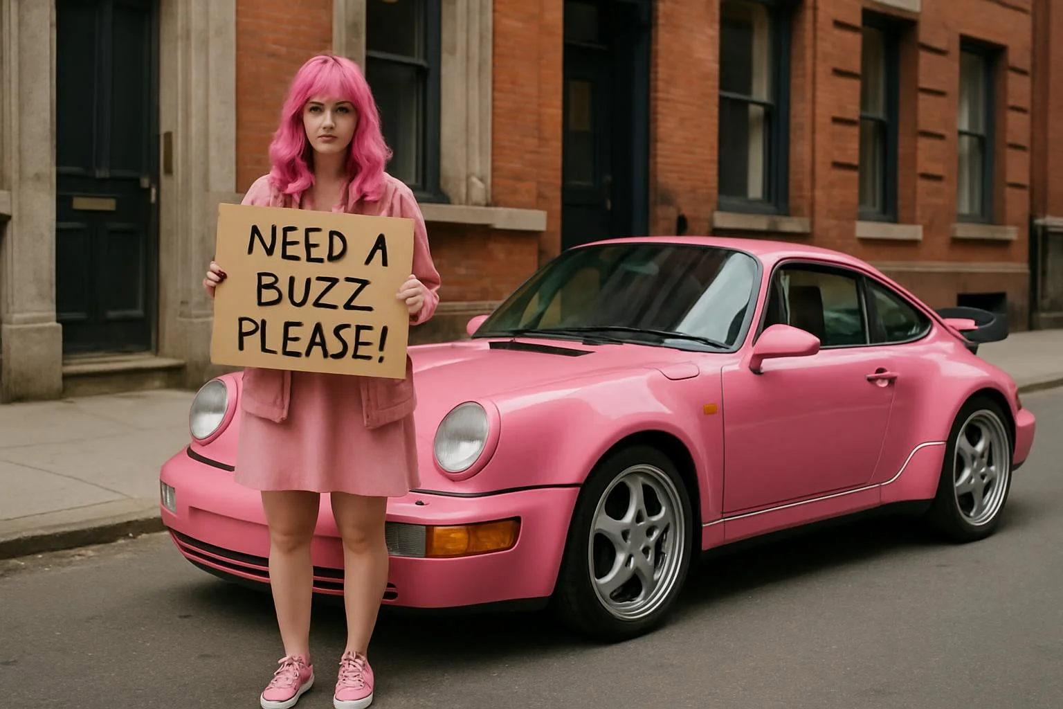 pink haired woman wearing pink jacket, pink dress, pink sneakers, holding sign saying "need a buzz please!", on fhe town street with pink 1992 Porsche 911 3.6 Turbo parked beside her.