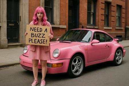 pink haired woman wearing pink jacket, pink dress, pink sneakers, holding sign saying "need a buzz please!", on fhe town street with pink 1992 Porsche 911 3.6 Turbo parked beside her.