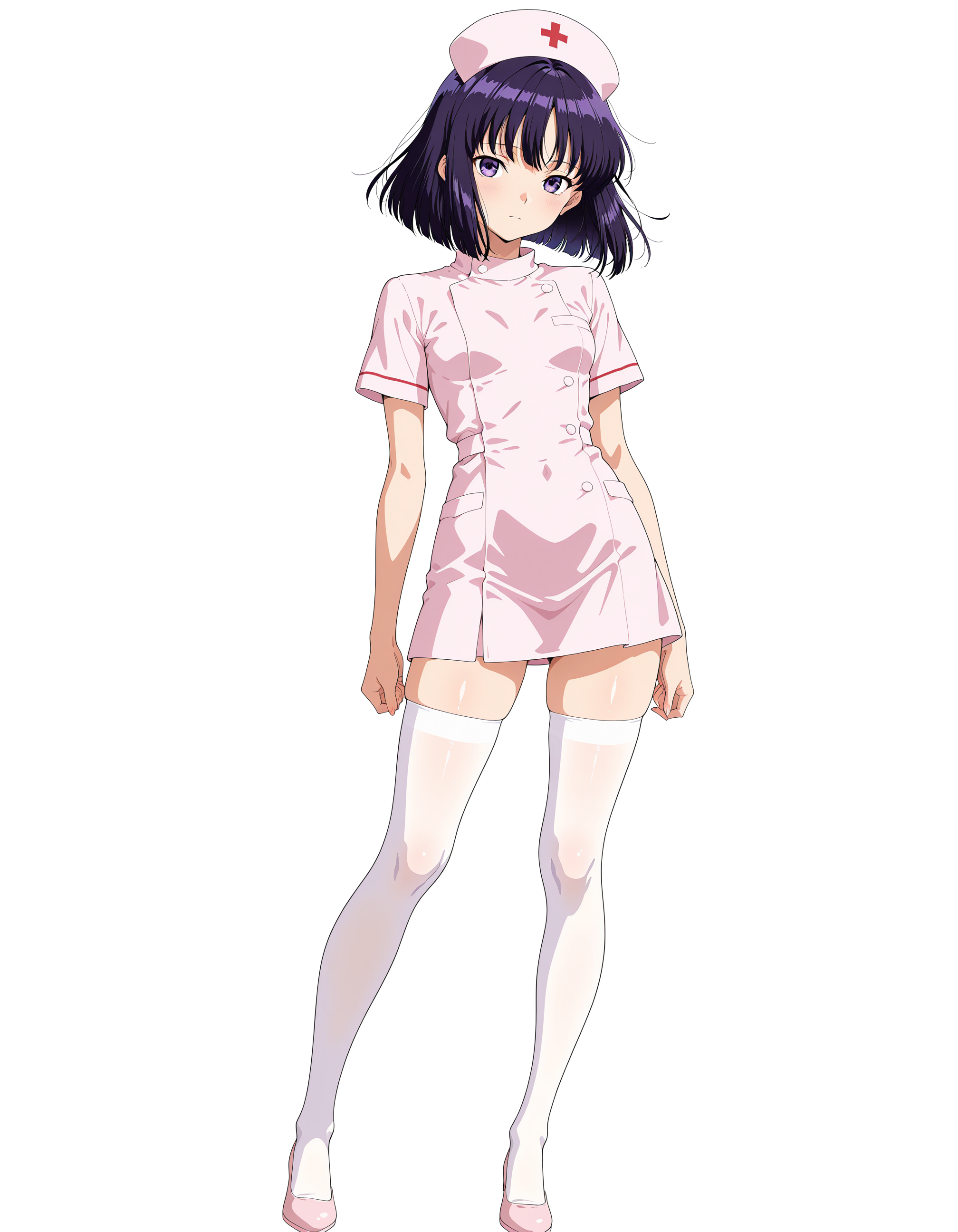 masterpiece,best quality,amazing quality,very aesthetic,high resolution,ultra detailed,perfect details,<lora:my-lora:0.7>,mai_style,
simple background,white background,
1girl,<lora:sailor_saturn_V4:1>,tomoe hotaru,purple eyes,short hair,purple hair,small breasts,standing,full body,<lora:nurse_illustrious_V1.0:0.7>,nurse,solo,white thighhighs,dutch angle,dynamic pose,